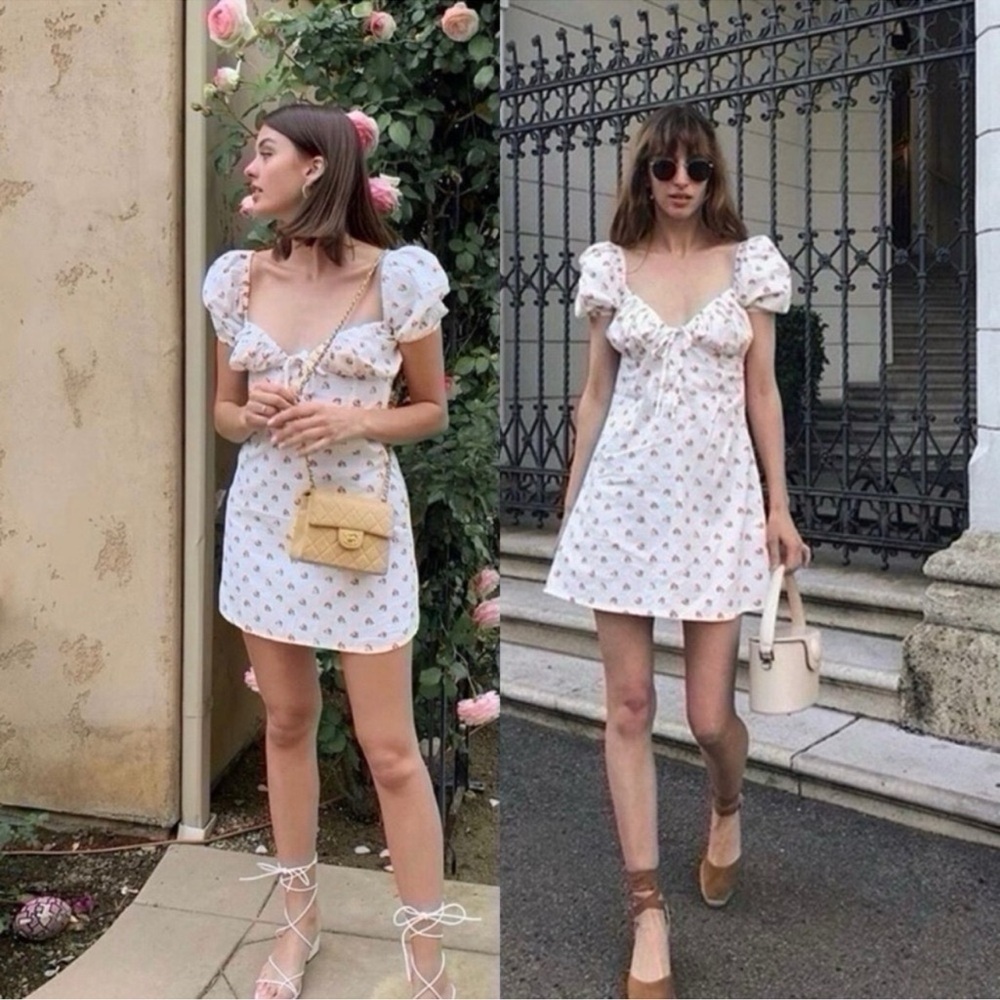 With Jean Audrey Dress - White Floral Print Milkmaid Style Cotton Mini Dress, XS